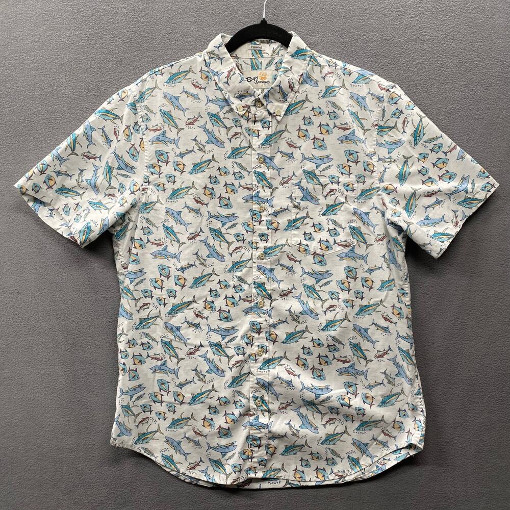 Reyn Spooner Limited Issue Hawaiian Shirt Fish Shark Men M Short Sleeve Tropical